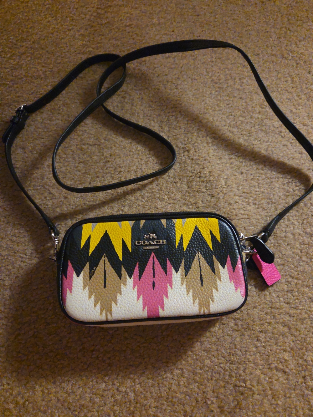 COACH Multicolor Geometric Pebbled Leather Crossbody in Yellow, Pink, Black
